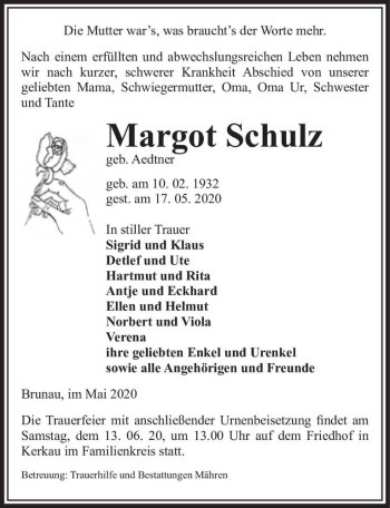 Traueranzeige von Margot Schulz (geb. Aedtner)  von Magdeburger Volksstimme