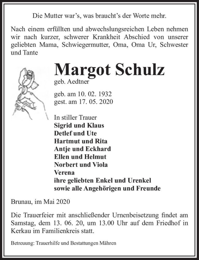 Traueranzeige für Margot Schulz (geb. Aedtner)  vom 20.05.2020 aus Magdeburger Volksstimme