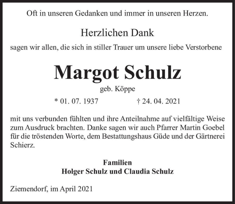  Traueranzeige für Margot Schulz (geb. Köppe)  vom 28.05.2021 aus Magdeburger Volksstimme