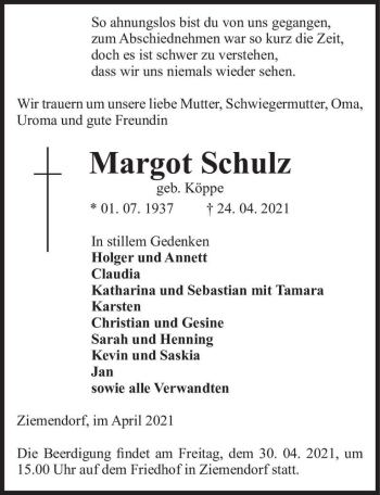 Traueranzeige von Margot Schulz (geb. Köppe)  von Magdeburger Volksstimme
