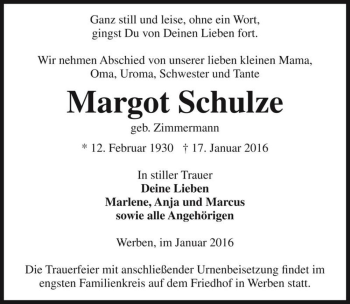 Traueranzeige von Margot Schulze (geb. Zimmermann)  von Magdeburger Volksstimme