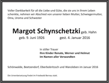 Traueranzeige von Margot Schynschetzki (geb. Hahn)  von Magdeburger Volksstimme