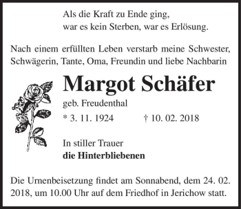 Traueranzeige von Margot Schäfer (geb. Freudenthal)  von Magdeburger Volksstimme