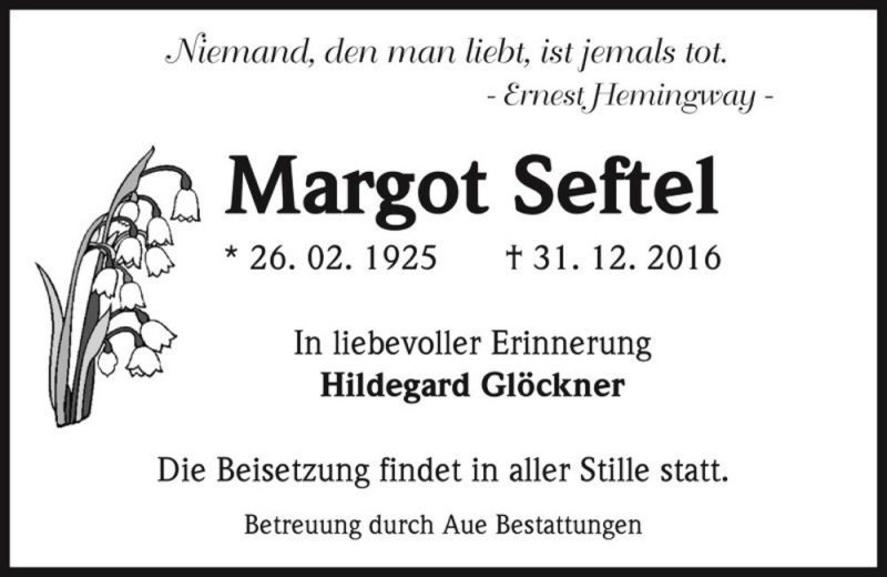  Traueranzeige für Margot Seftel  vom 07.01.2017 aus Magdeburger Volksstimme