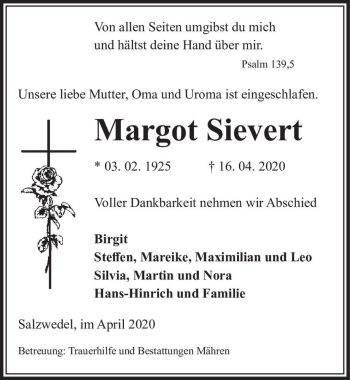 Traueranzeige von Margot Sievert  von Magdeburger Volksstimme