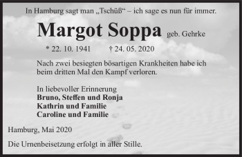 Traueranzeige von Margot Soppa (geb. Gehrke)  von Magdeburger Volksstimme