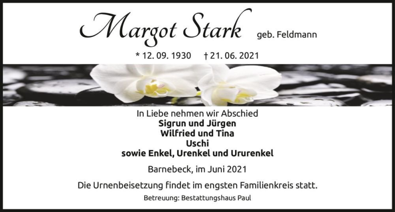  Traueranzeige für Margot Stark (geb. Feldmann)  vom 25.06.2021 aus Magdeburger Volksstimme