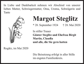 Traueranzeige von Margot Steglitz  von Magdeburger Volksstimme
