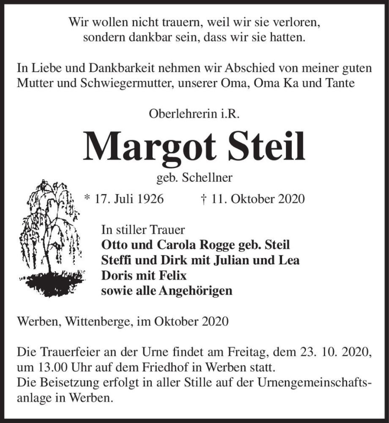  Traueranzeige für Margot Steil (geb. Schellner)  vom 16.10.2020 aus Magdeburger Volksstimme