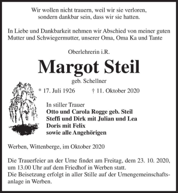 Traueranzeige von Margot Steil (geb. Schellner)  von Magdeburger Volksstimme