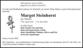 Traueranzeige von Margot Steinhorst (geb. Döbbelin)  von Magdeburger Volksstimme