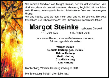 Traueranzeige von Margot Steinke (geb. Dietzold)  von Magdeburger Volksstimme
