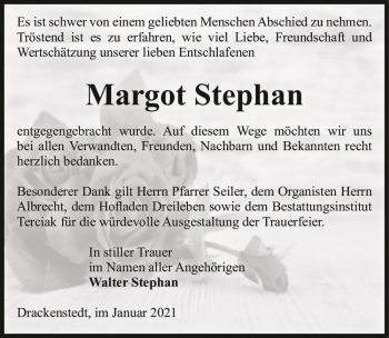 Traueranzeige von Margot Stephan  von Magdeburger Volksstimme