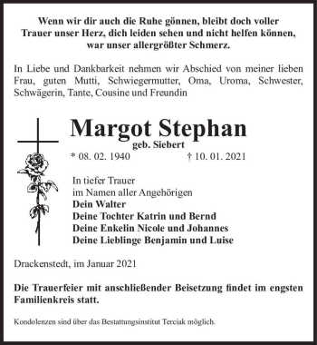 Traueranzeige von Margot Stephan (geb. Siebert)  von Magdeburger Volksstimme