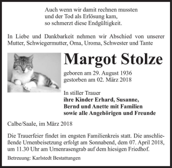 Traueranzeige von Margot Stolze  von Magdeburger Volksstimme