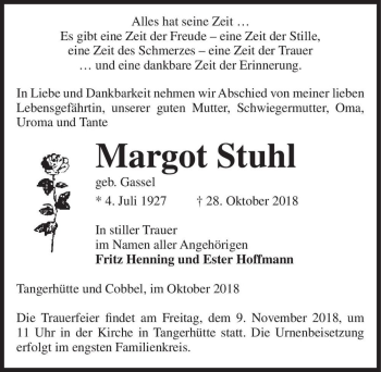 Traueranzeige von Margot Stuhl (geb. Gassel)  von Magdeburger Volksstimme