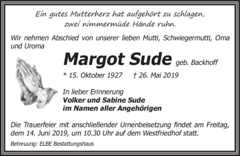 Traueranzeige von Margot Sude (geb. Backhoff)  von Magdeburger Volksstimme