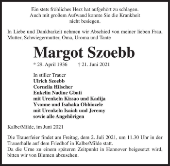 Traueranzeige von Margot Szoebb  von Magdeburger Volksstimme