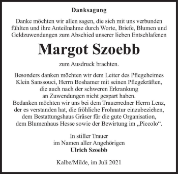 Traueranzeige von Margot Szoebb  von Magdeburger Volksstimme