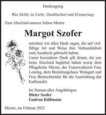Traueranzeige von Margot Szofer  von Magdeburger Volksstimme