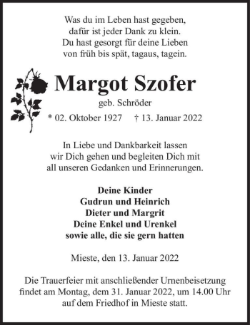Traueranzeige von Margot Szofer (geb. Schröder)  von Magdeburger Volksstimme
