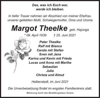 Traueranzeige von Margot Theelke (geb. Hajunga)  von Magdeburger Volksstimme