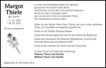 Traueranzeige von Margot Thiele (geb. Kerner)  von Magdeburger Volksstimme