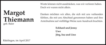 Traueranzeige von Margot Thiemann (geb. Baier)  von Magdeburger Volksstimme
