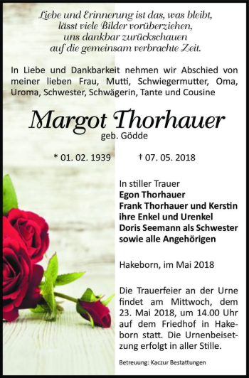 Traueranzeige von Margot Thorhauer (geb. Gödde)  von Magdeburger Volksstimme