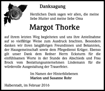Traueranzeige von Margot Thorke  von Magdeburger Volksstimme