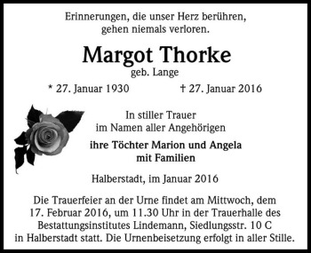 Traueranzeige von Margot Thorke (geb. Lange)  von Magdeburger Volksstimme