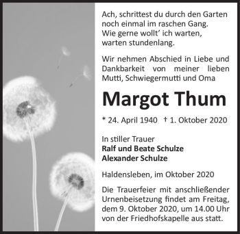 Traueranzeige von Margot Thum  von Magdeburger Volksstimme