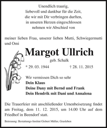 Traueranzeige von Margot Ullrich (geb. Schalk)  von Magdeburger Volksstimme
