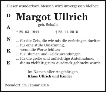 Traueranzeige von Margot Ullrich (geb. Schalk)  von Magdeburger Volksstimme