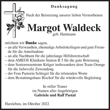 Traueranzeige von Margot Waldeck (geb. Hartmann)  von Magdeburger Volksstimme
