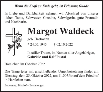 Traueranzeige von Margot Waldeck (geb. Hartmann)  von Magdeburger Volksstimme