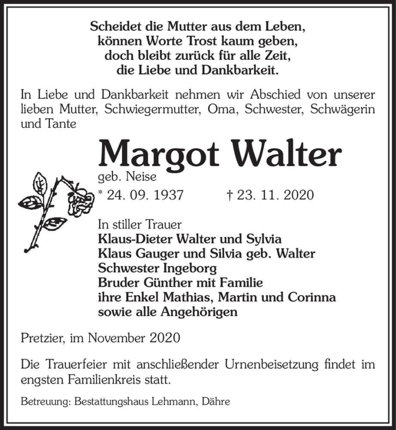  Traueranzeige für Margot Walter (geb. Neise)  vom 26.11.2020 aus Magdeburger Volksstimme