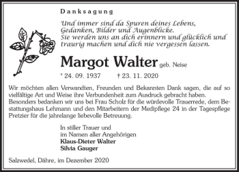 Traueranzeige von Margot Walter (geb. Neise)  von Magdeburger Volksstimme