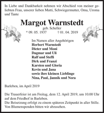 Traueranzeige von Margot Warnstedt (geb. Scheller)  von Magdeburger Volksstimme