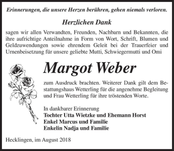 Traueranzeige von Margot Weber  von Magdeburger Volksstimme