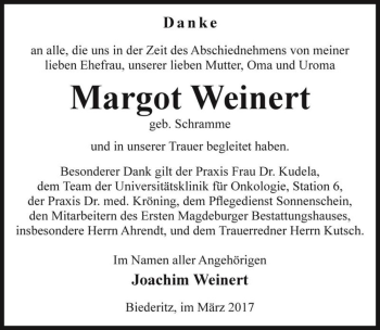 Traueranzeige von Margot Weinert (geb. Schramme)  von Magdeburger Volksstimme