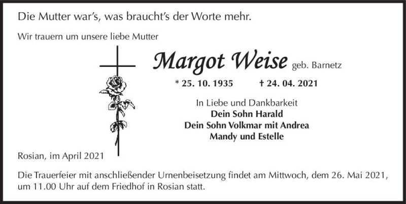  Traueranzeige für Margot Weise (geb. Barnetz)  vom 30.04.2021 aus Magdeburger Volksstimme