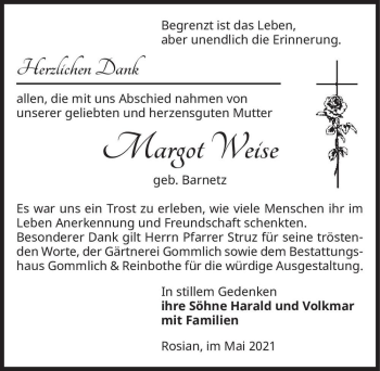 Traueranzeige von Margot Weise (geb. Barnetz)  von Magdeburger Volksstimme