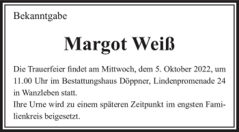 Traueranzeige von Margot Weiß  von Magdeburger Volksstimme