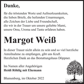 Traueranzeige von Margot Weiß  von Magdeburger Volksstimme