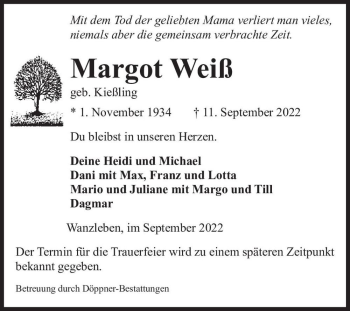 Traueranzeige von Margot Weiß (geb. Kießling)  von Magdeburger Volksstimme
