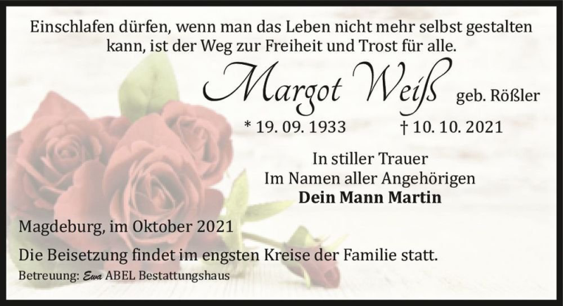  Traueranzeige für Margot Weiß (geb. Rößler)  vom 13.11.2021 aus Magdeburger Volksstimme