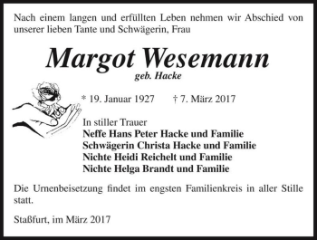 Traueranzeige von Margot Wesemann (geb. Hacke)  von Magdeburger Volksstimme