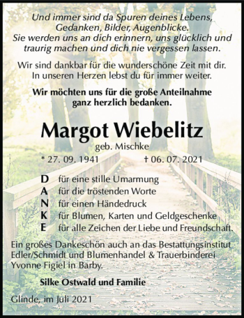 Traueranzeige von Margot Wiebelitz (geb. Mischke)  von Magdeburger Volksstimme