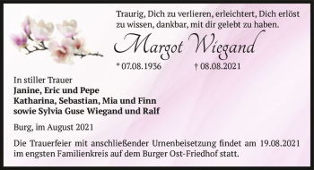 Traueranzeige von Margot Wiegand  von Magdeburger Volksstimme